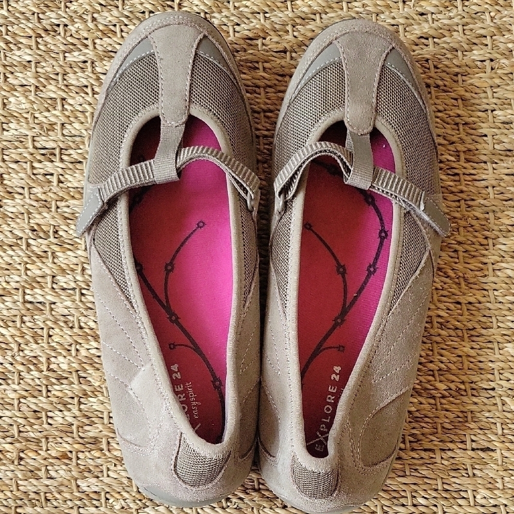 Easy Spirit Tan Loafers with Suede-Like Finish and Velcro Strap